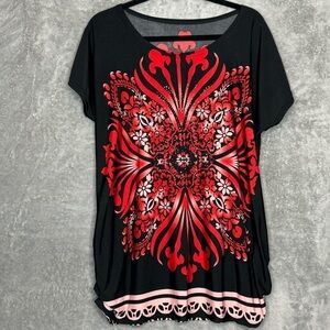 Amazon XL Shirt‎ Top Black Red Paisley Short Sleeve Scoop Neck Silk Embellished